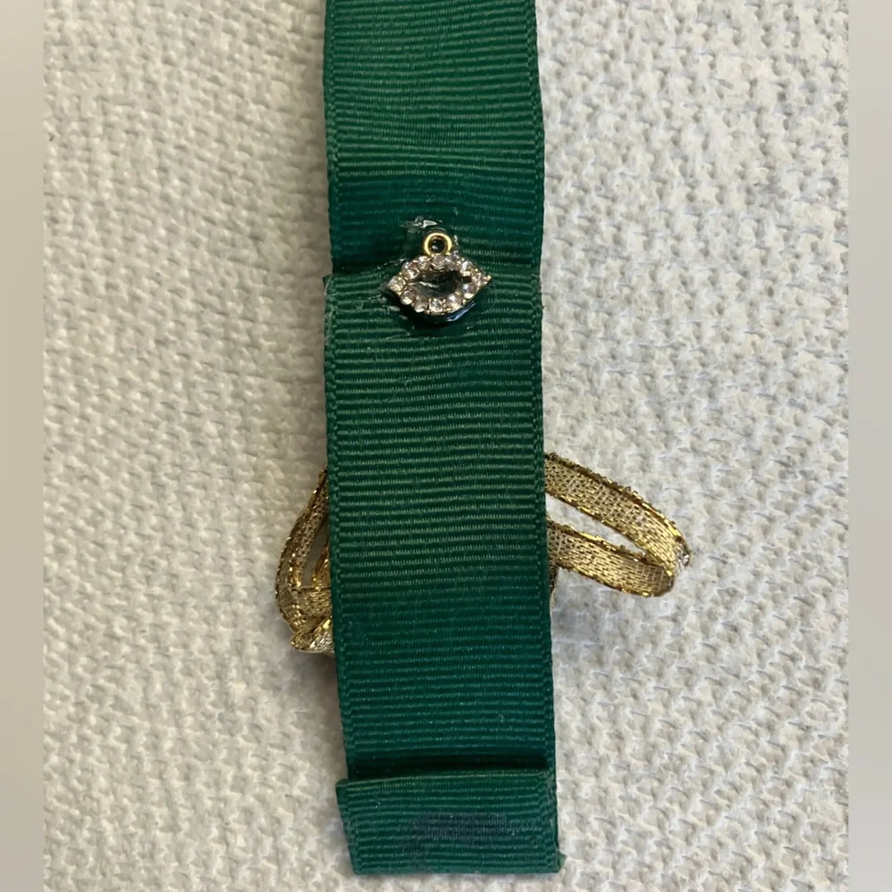 Handmade Green Ribbon Bookmark Gold Glitter & Rhinestone Kisses 16” Irish